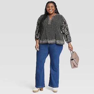 Women's Plus Size Balloon 3/4 Sleeve Woven Top - Knox Rose Black Paisley 3X. NWT